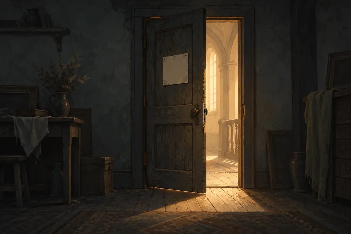 Illustration for a Probably Stolen guide: A single wooden door with a small paper sign pinned to it, half open onto a bright hallway, flat editorial illustration.