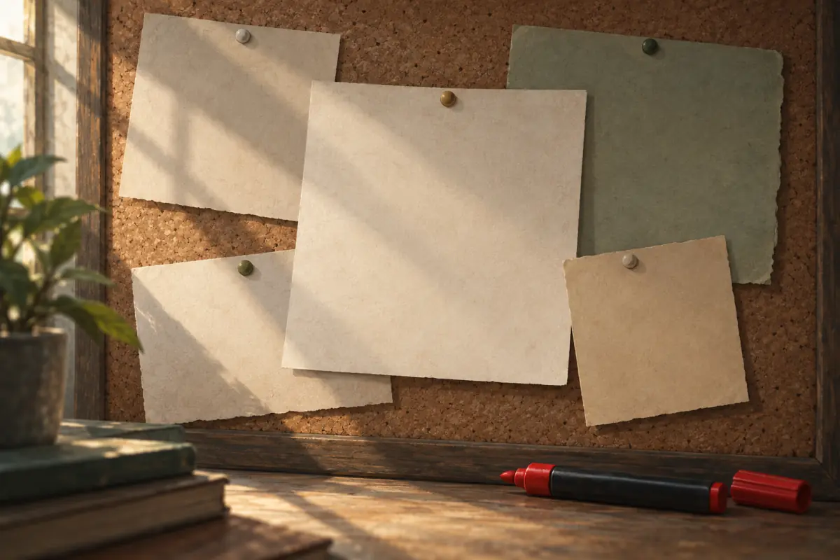 Illustration for a Probably Stolen guide: A stack of paper slips pinned to a corkboard with no readable text, a red marker lying beside them, soft window light, flat editorial illustration.